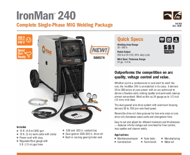 Hobart IronMan 240 MIG Welder Package with SpoolRunner 200 - Josef Gas