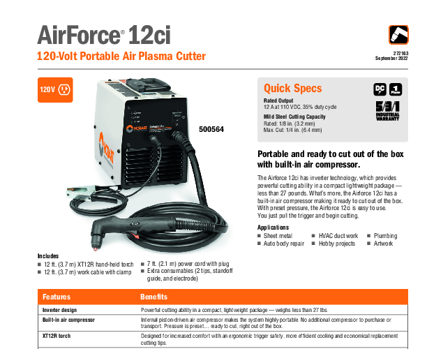Hobart AirForce 12ci 120V Plasma Cutter with Built-In Compressor ...