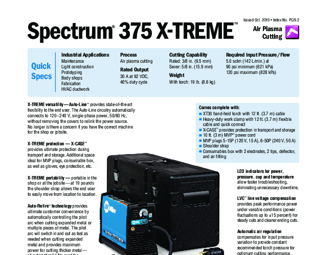 Miller Spectrum 375 Plasma 3/8" 13Ft Torch 120/230 Josef Gas
