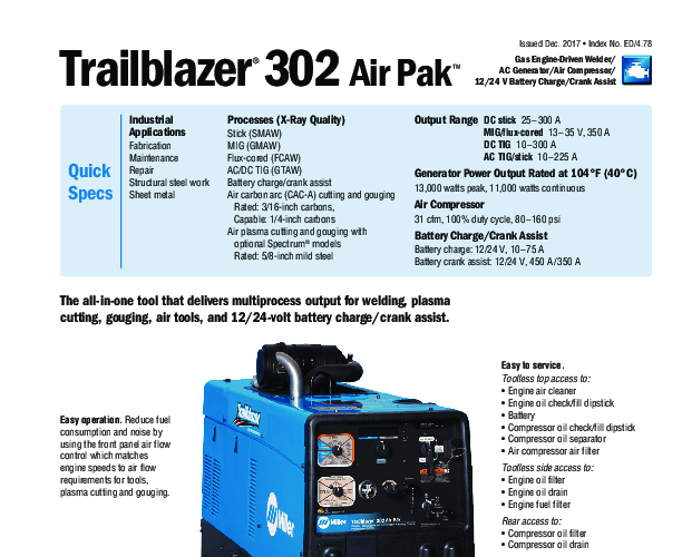 Miller Trailblazer 302 Air Pak 4-in-1 Engine Driven Welder & Compressor ...