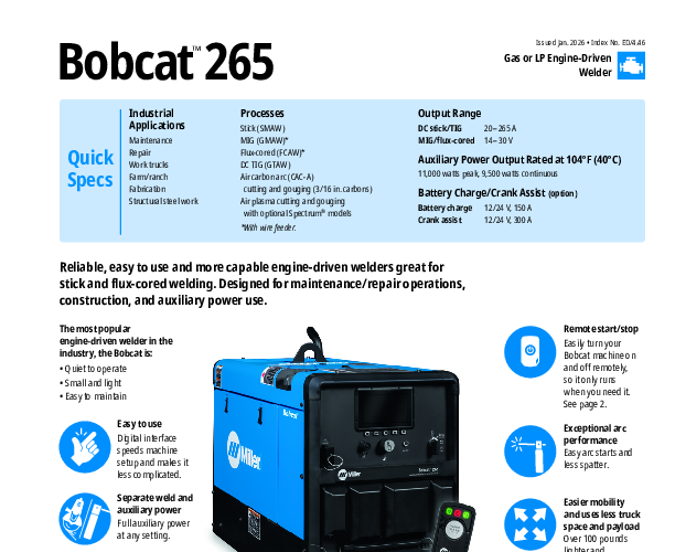 Miller Bobcat 265 LP Engine-Driven Welder with Remote Start/Stop ...