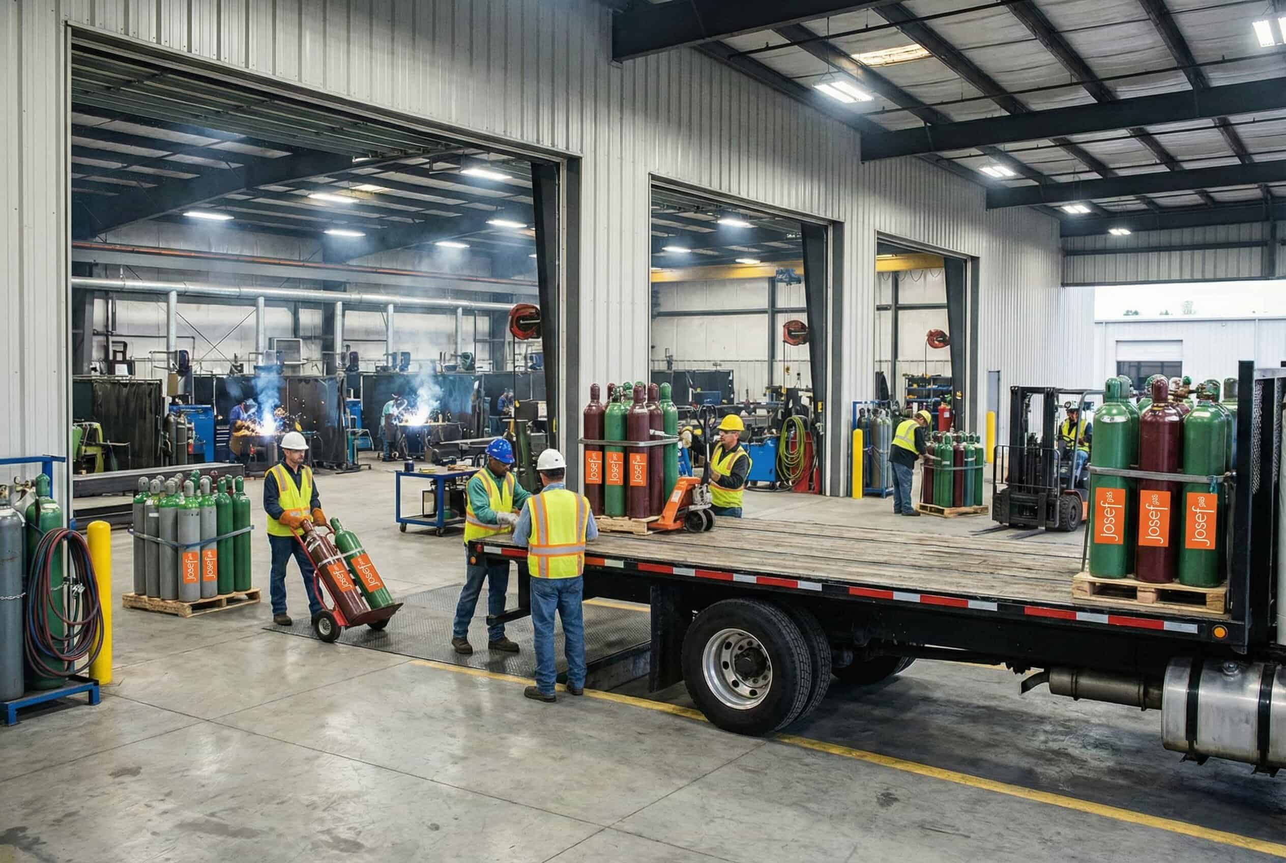 Workers in an Ontario factory loading josef gases onto a truck's trolley.